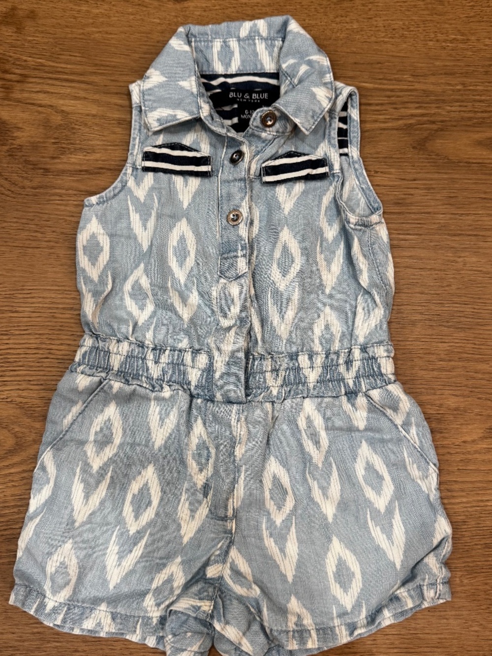 Blu & Blue New York Baby Girl Chambray Romper 6-12M Ikat Print